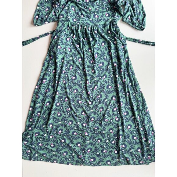 BODEN Flora Green Navy Floral Jersey Belted Puff Sleeve Midi Dress, Size 12 - Picture 10 of 15